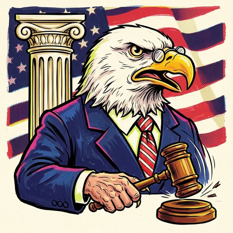 The Chairman, a bald eagle in a navy suit, slamming a gavel