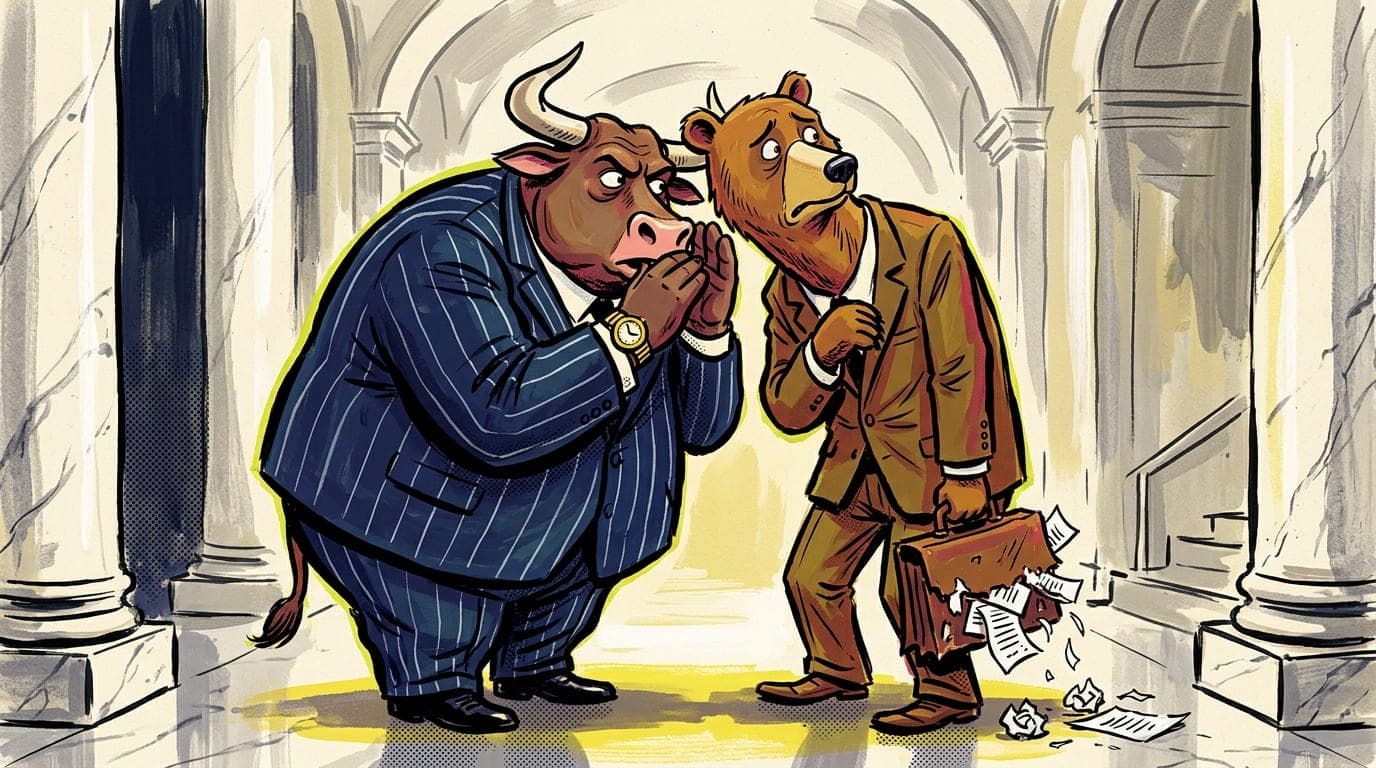 A bull and a bear whispering in a marble corridor